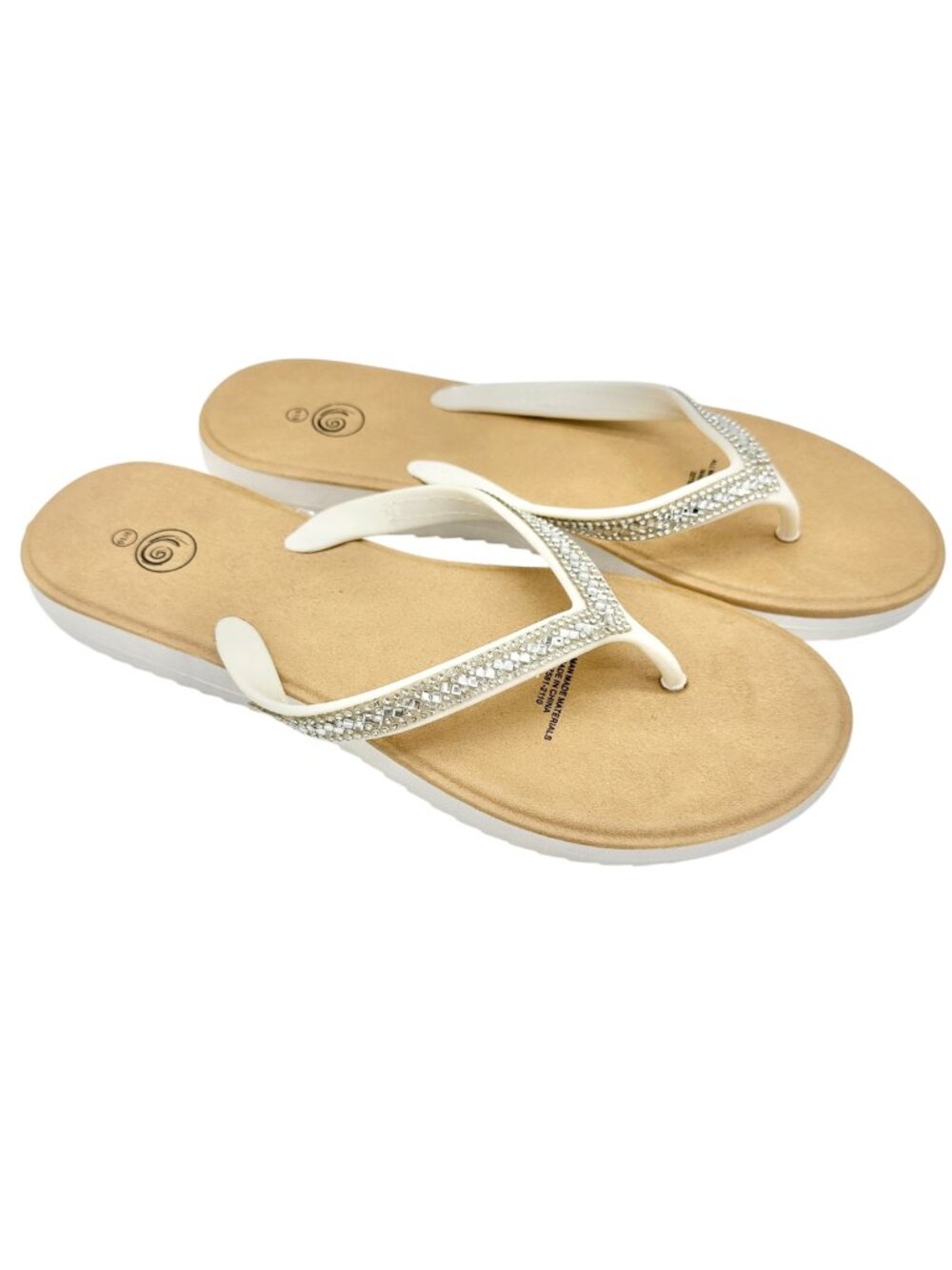 White Rhinestone Flip Flops Womens Size 9/10 Faux Leather Summer Casual Sandals